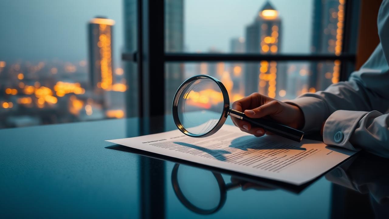 Vérification à la loupe d'un contrat immobilier devant les tours de Dubai