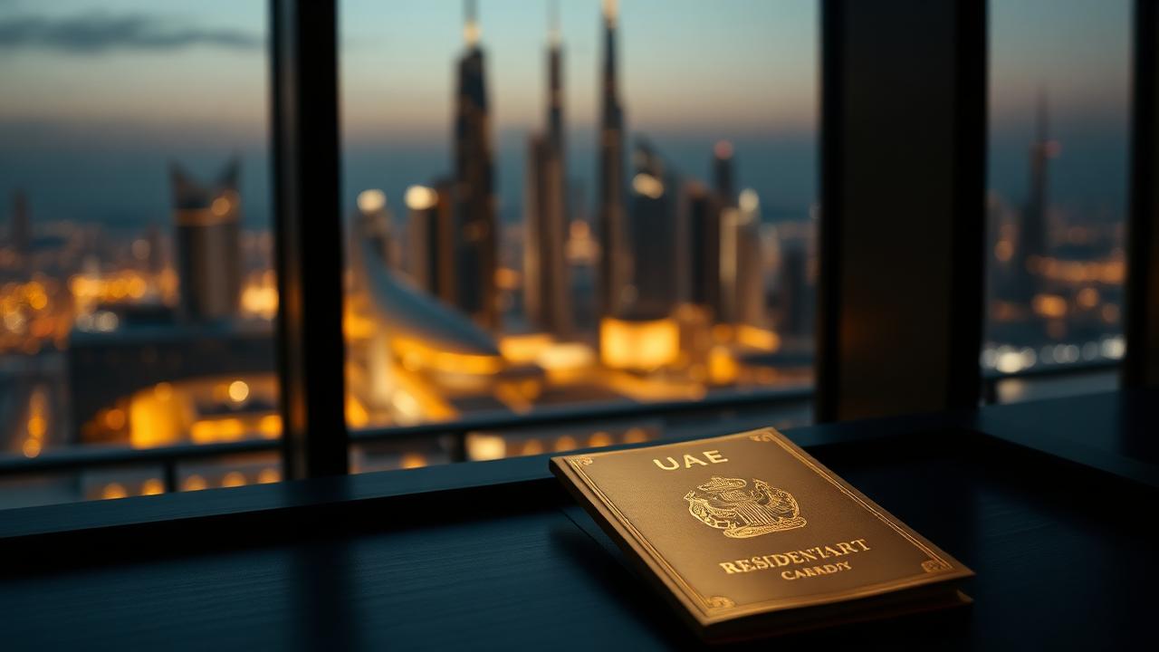 Document de résidence des Émirats posé devant la skyline de Dubai au crépuscule
