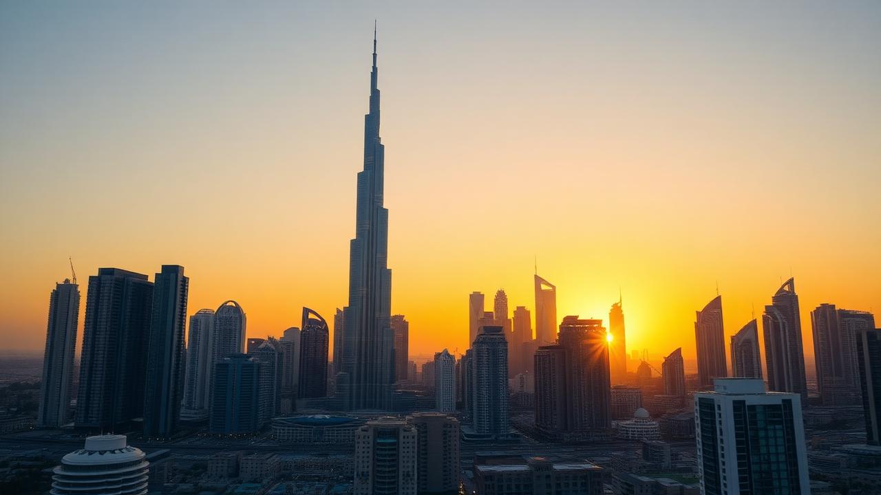 Skyline de Dubai au coucher du soleil avec le Burj Khalifa