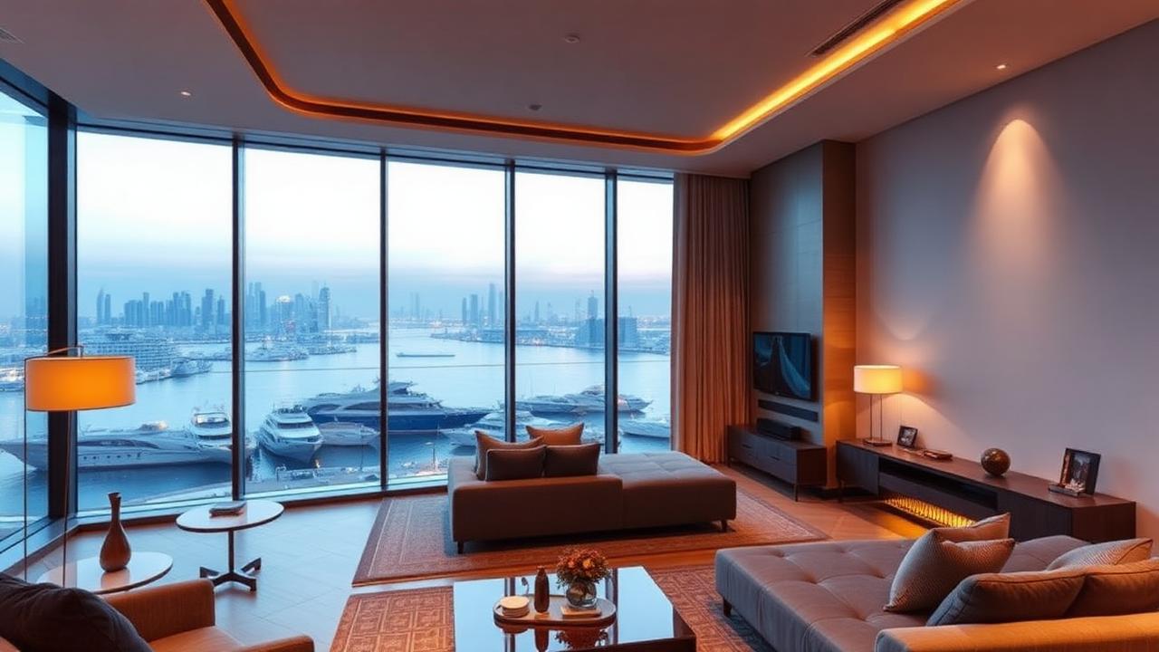 Appartement meublé à Dubai Marina au crépuscule, vue sur les yachts