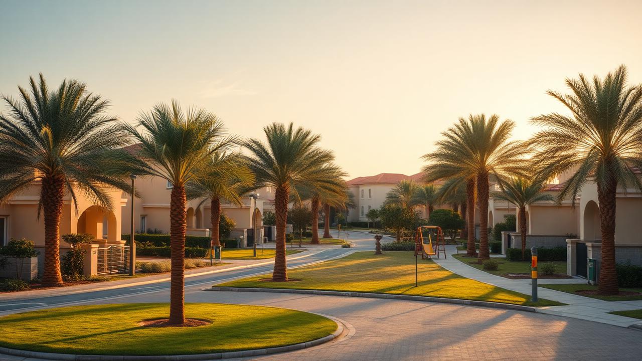 Rue résidentielle calme bordée de palmiers à Mirdif, Dubai