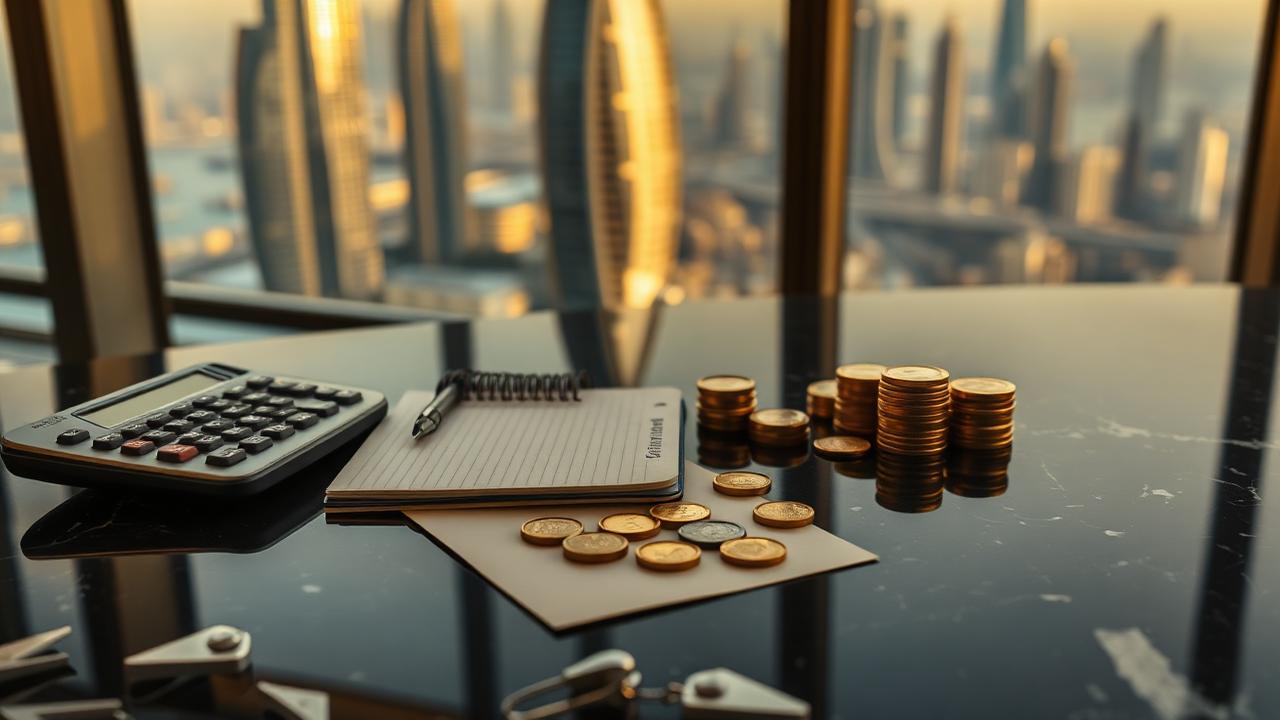 Calculatrice et pièces de monnaie devant la skyline de Dubai