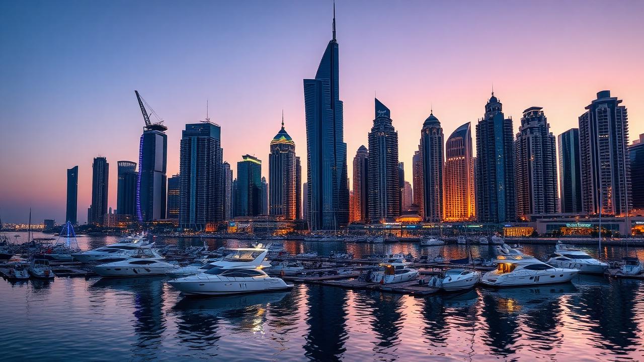 Skyline de Dubai Marina au crépuscule avec yachts