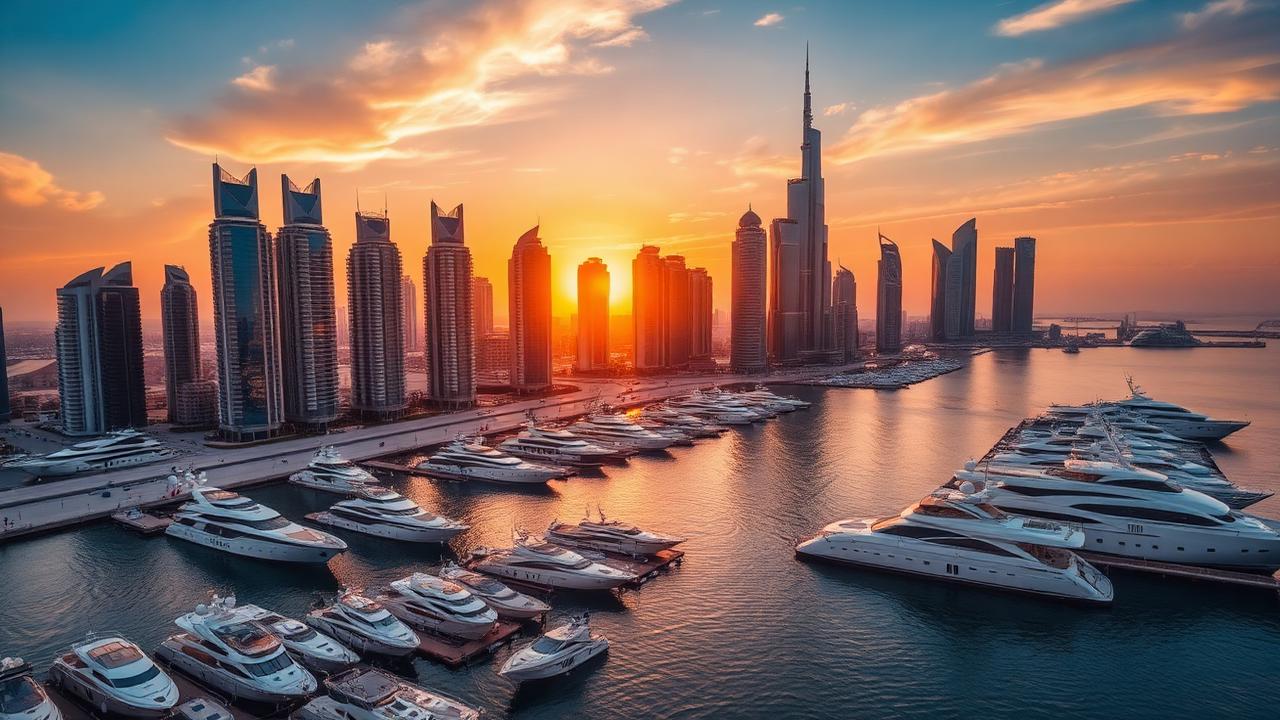 Vue aérienne de Dubai Marina au coucher du soleil