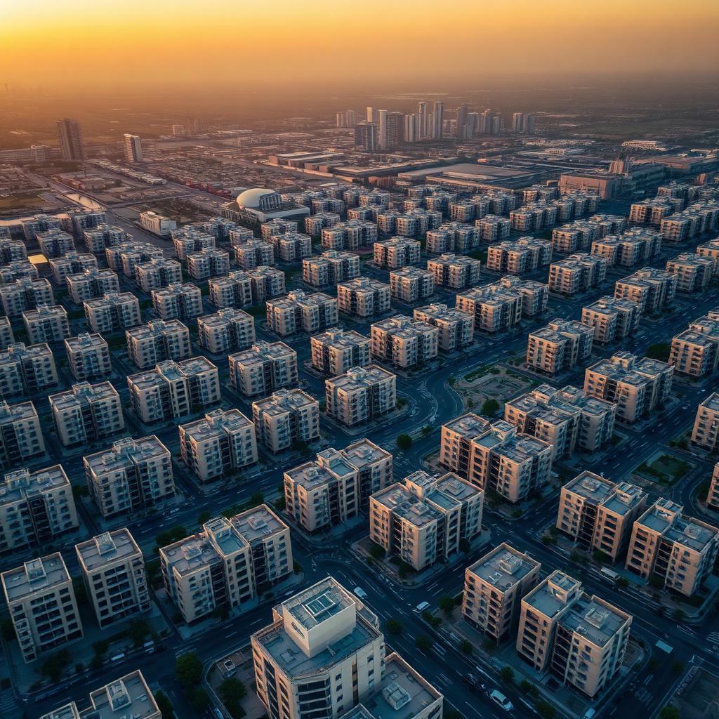 Vue aérienne d'International City à Dubaï au coucher du soleil