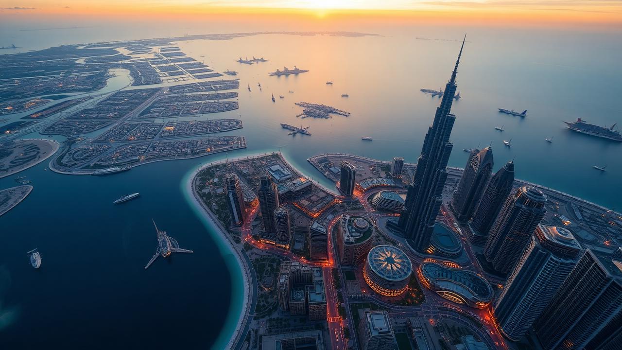Vue aérienne de Palm Jumeirah et du Burj Khalifa au coucher du soleil
