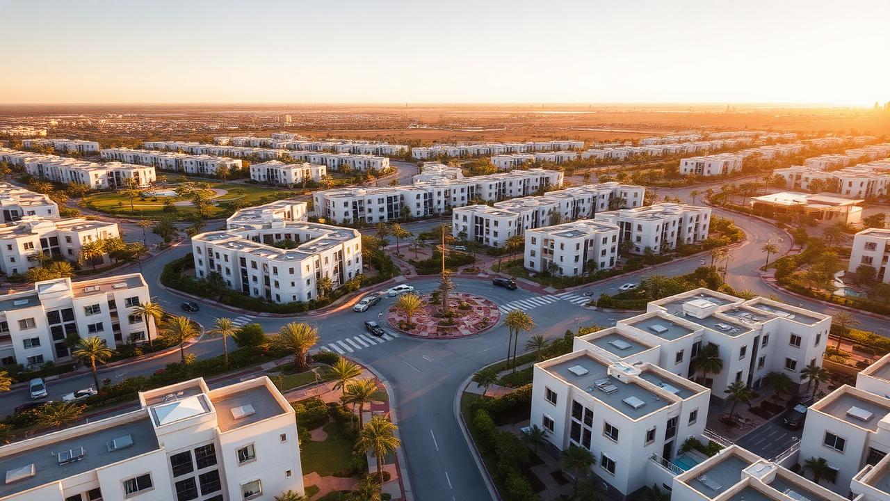 Vue aérienne d'un quartier résidentiel de Dubai au coucher du soleil