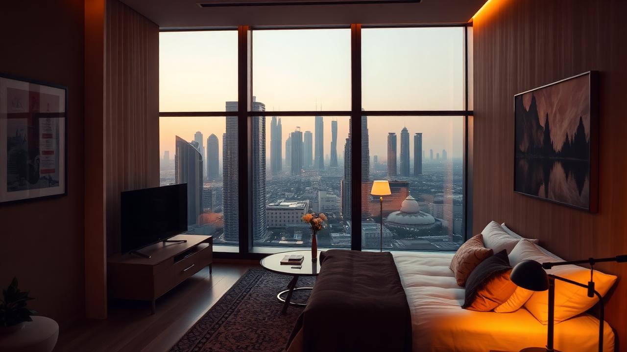 Intérieur d'un studio moderne à Dubai avec vue sur la ville
